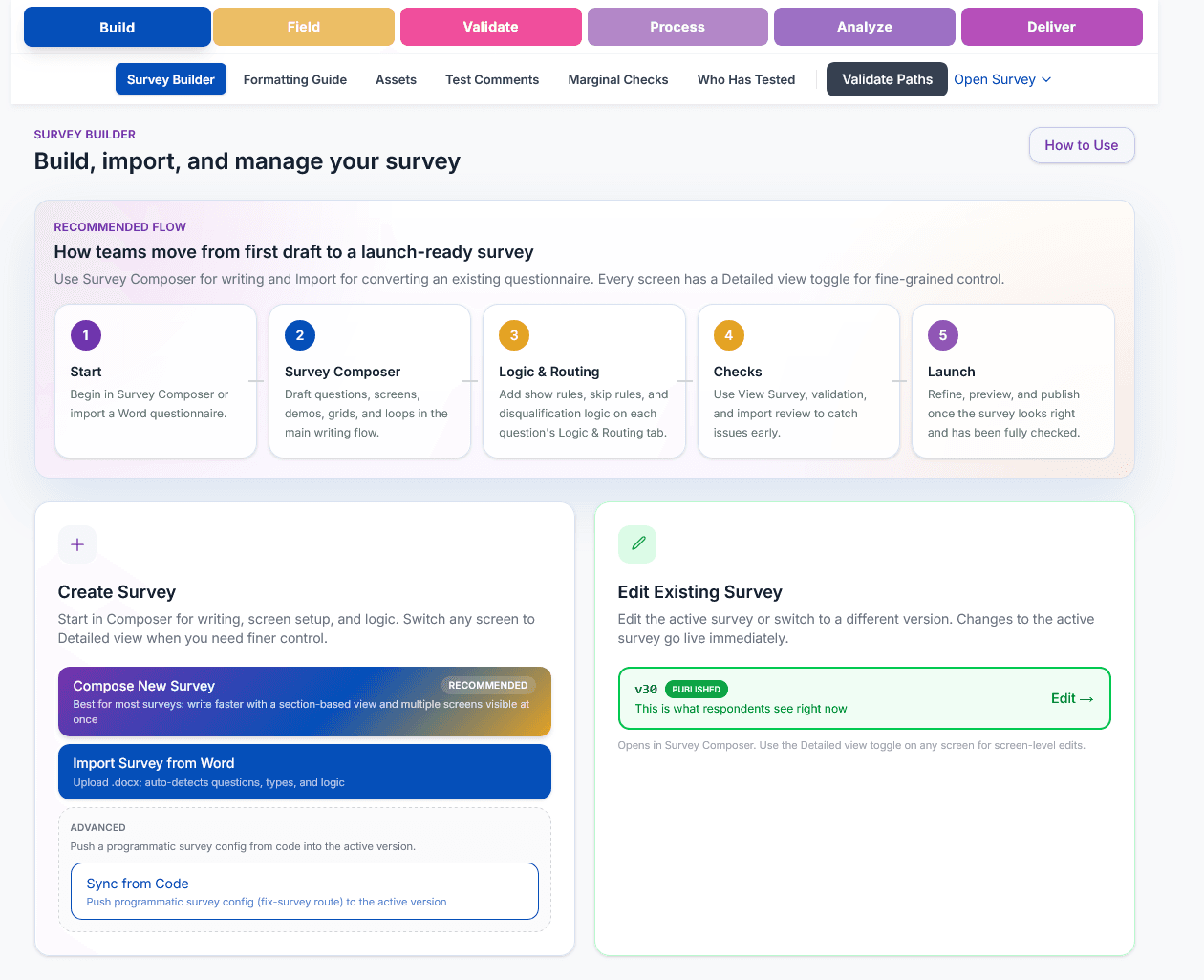 A Word questionnaire imported into the BEYOND survey builder, with detected questions, mapped logic, and quotas