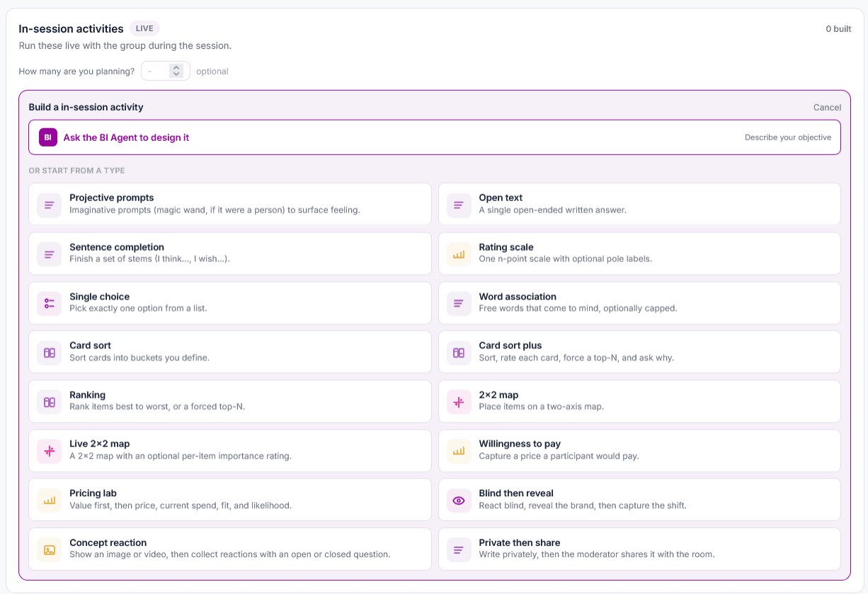 Building in-session and homework activities: start from a type, or ask the BI Agent to design one