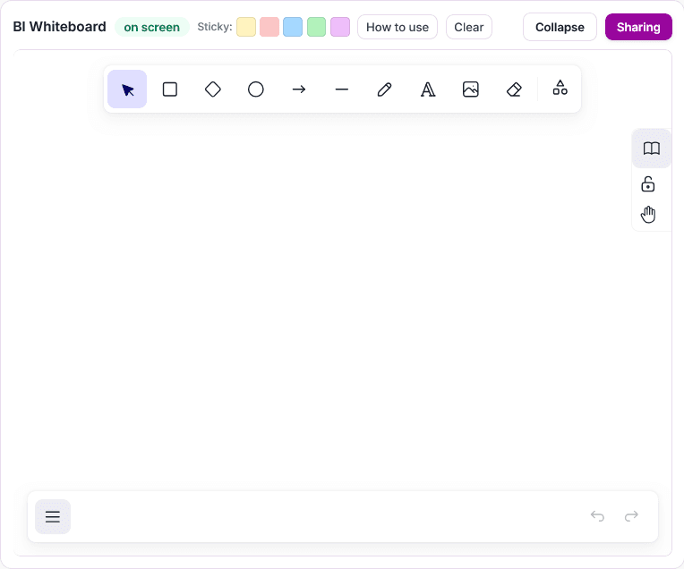 The BEYOND live whiteboard open in a session, with pen, shapes, arrows, text, images, and colored sticky notes