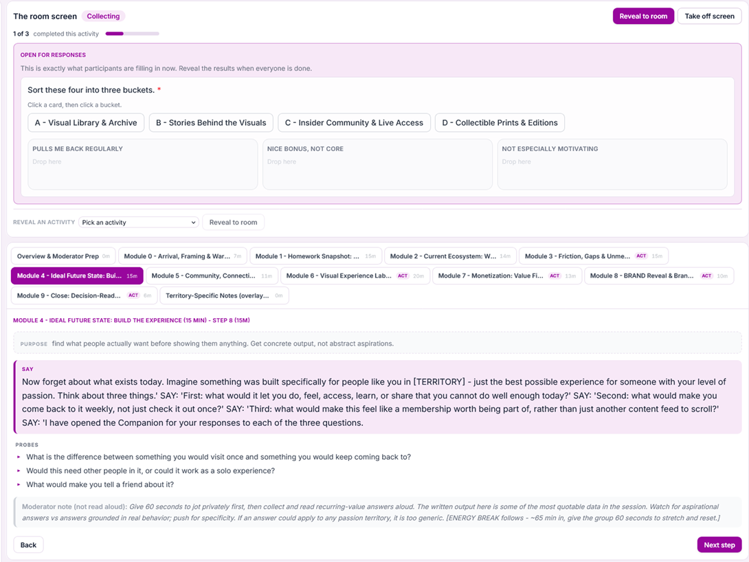 The moderator guide panel at full size: a card-sort activity collecting responses with three buckets, the module rail with per-module timings, and module 4 step 8 showing its purpose, the SAY script, three probes, and a moderator note not read aloud.